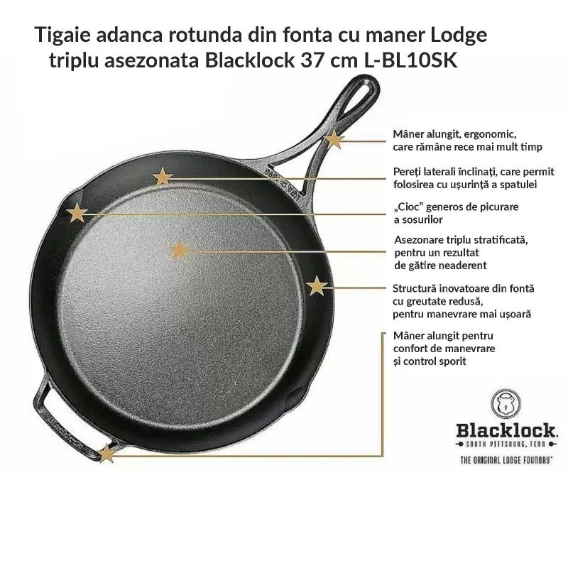Tigaie adanca rotunda din fonta cu maner triplu asezonata Lodge Blacklock 37 cm L-BL10SK - 5
