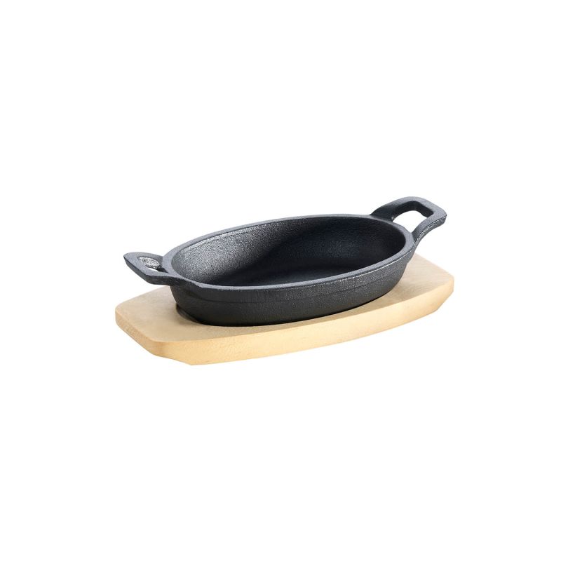 Tava ovala din fonta cu suport de lemn pentru servire 21 x 15,5 cm 0,75 litri ALL GRILL 9705 - 1 Tava ovala din fonta cu suport de lemn pentru servire 21 x 15,5 cm 0,75 litri ALL GRILL 9705 - 1