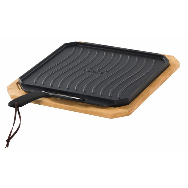 Plita reversibila din fonta cu doua fete grill sau neteda cu suport din lemn pentru servire Cozze 33 x 33 cm 90327 - 1 Plita reversibila din fonta cu doua fete grill sau neteda cu suport din lemn pentru servire Cozze 33 x 33 cm 90327 - 1