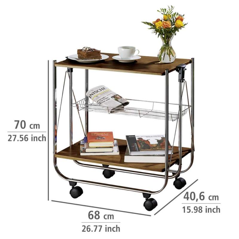 Mini bar pliabil cu roti transport, 2 rafturi, metal si MDF, 68 x 40,6 x 70 cm, Wenko Deluxe Walnut 713003100 - 3