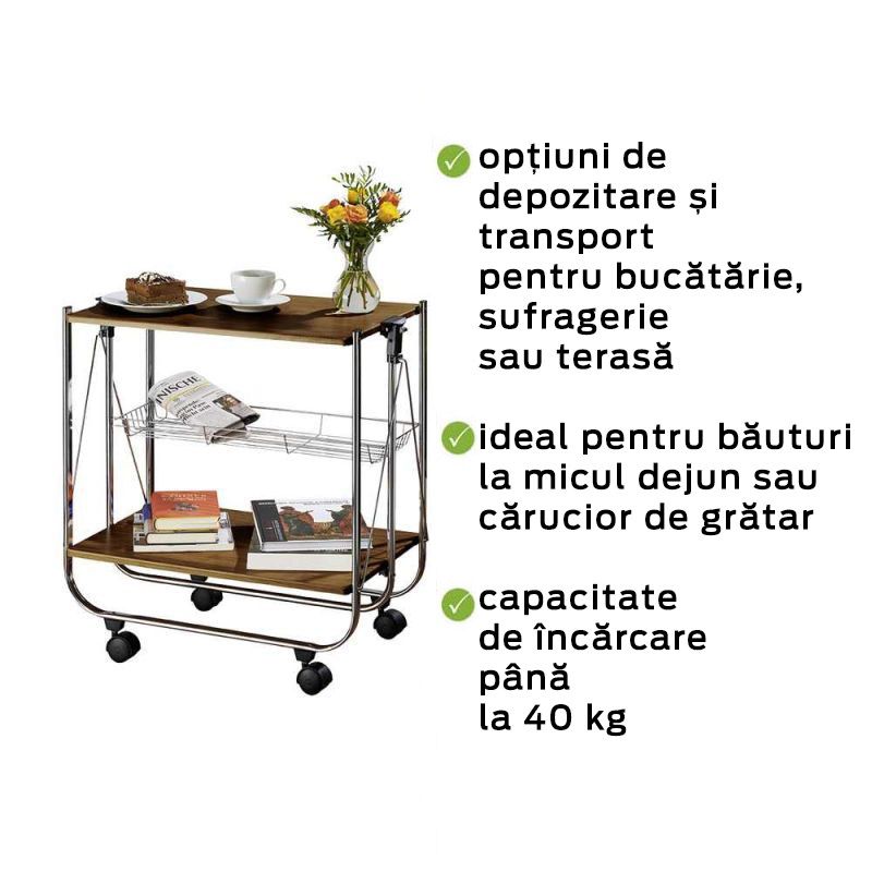 Mini bar pliabil cu roti transport, 2 rafturi, metal si MDF, 68 x 40,6 x 70 cm, Wenko Deluxe Walnut 713003100 - 4