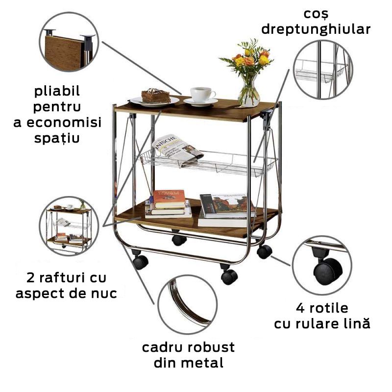 Mini bar pliabil cu roti transport, 2 rafturi, metal si MDF, 68 x 40,6 x 70 cm, Wenko Deluxe Walnut 713003100 - 5