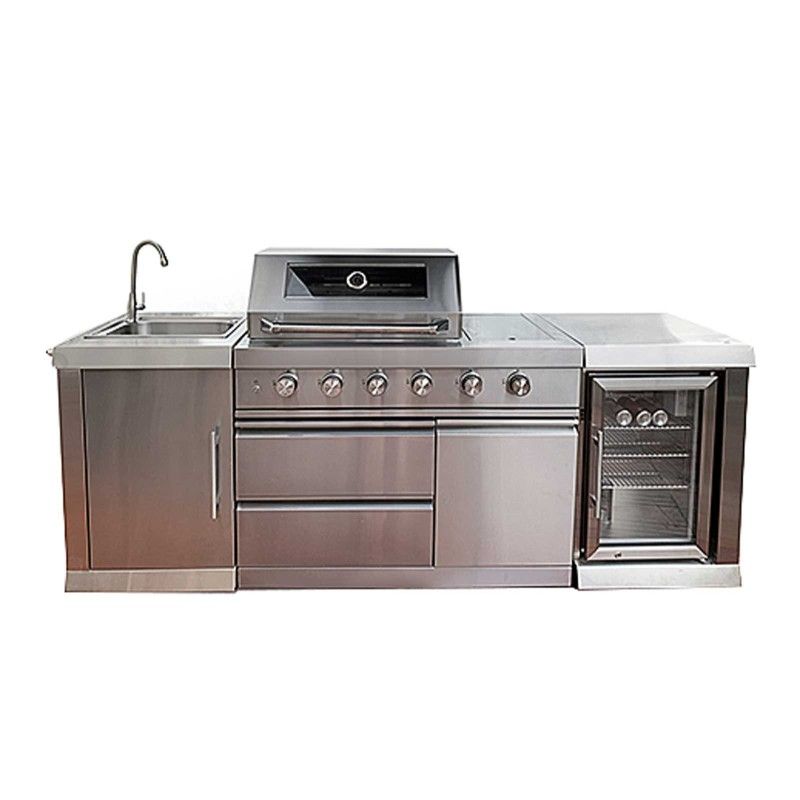 Bucatarie exterior din inox, gratar gaz 4 arzatoare, arzator lateral, chiuveta, frigider 65 l, Buschbeck Oxford - 1 Bucatarie exterior din inox, gratar gaz 4 arzatoare, arzator lateral, chiuveta, frigider 65 l, Buschbeck Oxford - 1