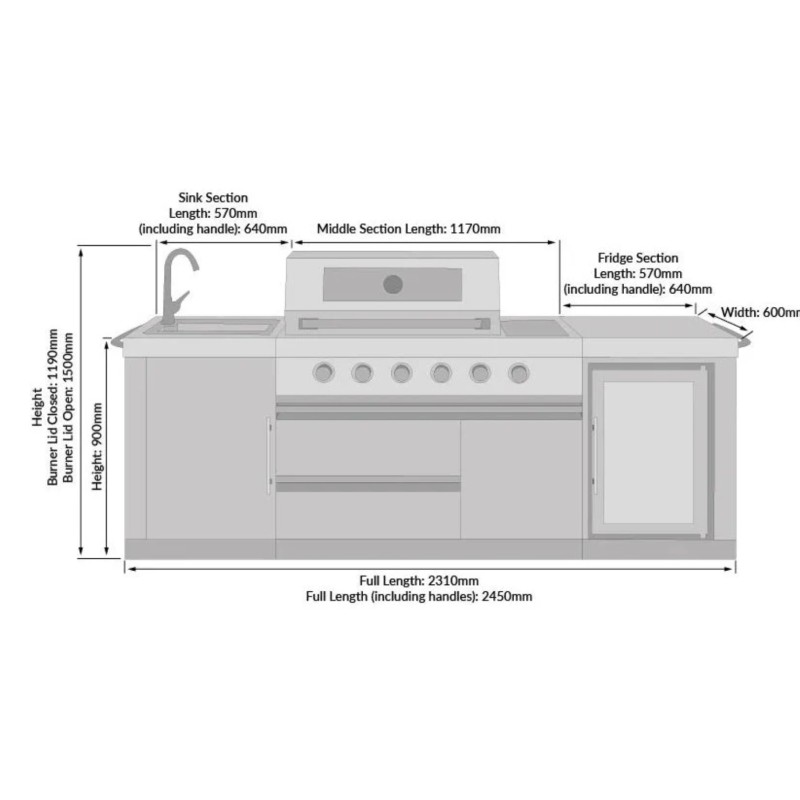 Bucatarie exterior din inox, gratar gaz 4 arzatoare, arzator lateral, chiuveta, frigider 65 l, Buschbeck Oxford - 9
