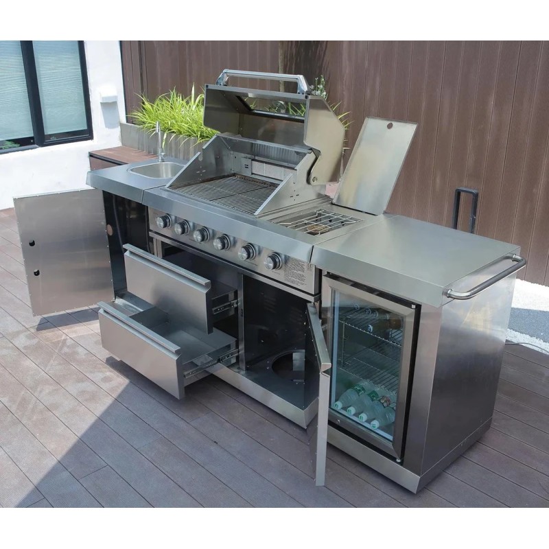 Bucatarie exterior din inox, gratar gaz 4 arzatoare, arzator lateral, chiuveta, frigider 65 l, Buschbeck Oxford - 4