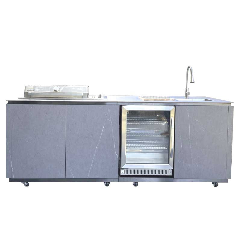 Bucatarie exterior placata ceramica, gratar gaz inox 3 arzatoare, arzator infrarosu, chiuveta, frigider 150 l, Buschbeck Derby - Bucatarie exterior placata ceramica, gratar gaz inox 3 arzatoare, arzator infrarosu, chiuveta, frigider 150 l, Buschbeck Derby -