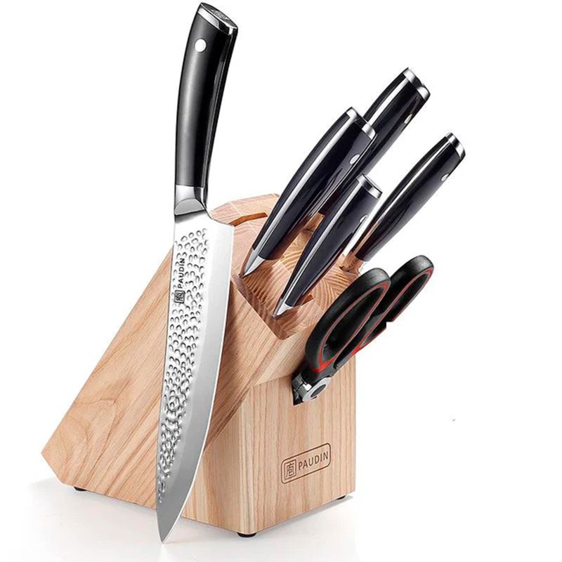 Set cutite de bucatarie din otel inoxidabil, foarfeca de bucatarie si suport de lemn, 7 piese, Paudin Hammered Premium HT1 - 1 Set cutite de bucatarie din otel inoxidabil, foarfeca de bucatarie si suport de lemn, 7 piese, Paudin Hammered Premium HT1 - 1