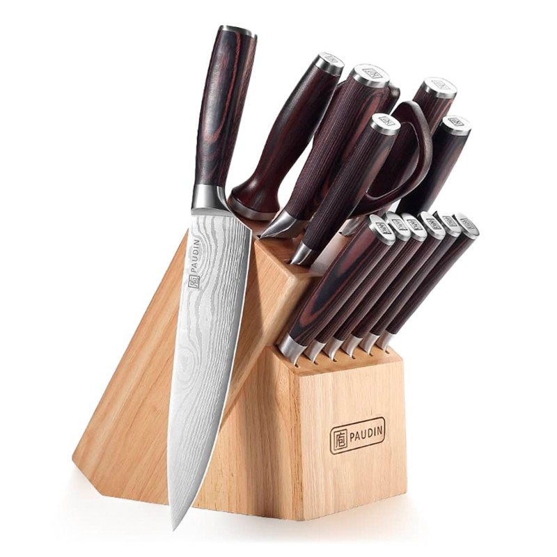 Set cutite de bucatarie din otel inoxidabil, foarfeca de bucatarie si suport de lemn, 14 piese, Paudin Universal Collection NT1 Set cutite de bucatarie din otel inoxidabil, foarfeca de bucatarie si suport de lemn, 14 piese, Paudin Universal Collection NT1