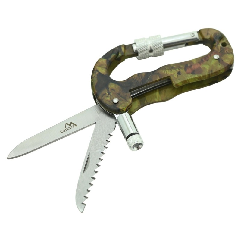 Carabiniera multifunctionala din aluminiu Cattara 3 in 1, cutit, cutit serat, lanterna, camuflaj - TT13218 - 1 Carabiniera multifunctionala din aluminiu Cattara 3 in 1, cutit, cutit serat, lanterna, camuflaj - TT13218 - 1