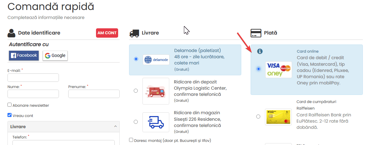 Pasul 1: selectezi optiunea de plata cu „Card online“